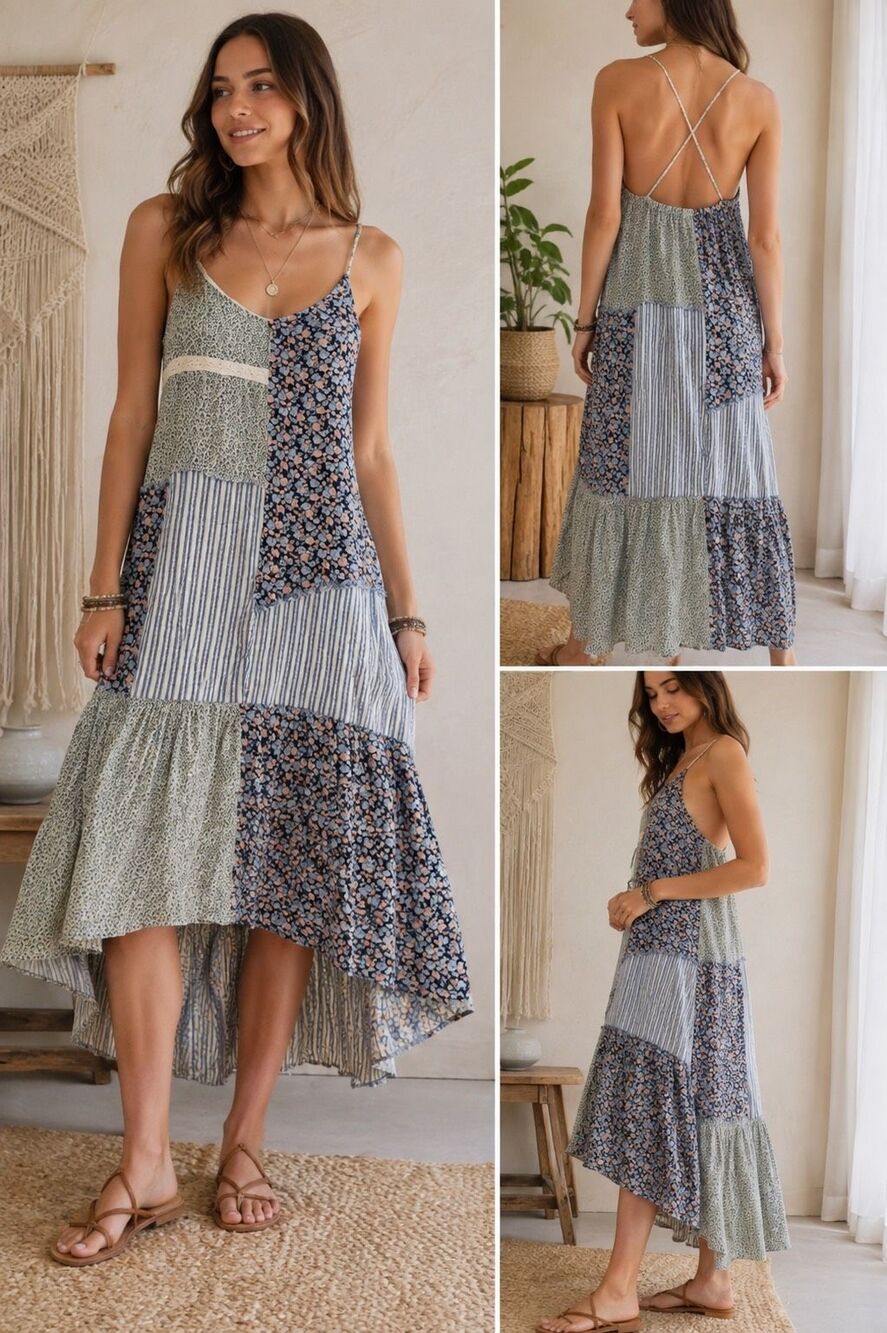 Easel Patchwork A-line Sundress M Boho Cottagecore Cotton Midi Maxi High-low
